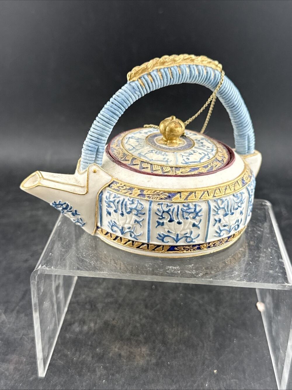 Vintage Nini Miniature Teapot Blue White Chinoiserie Hand Painted 6-21 Chained